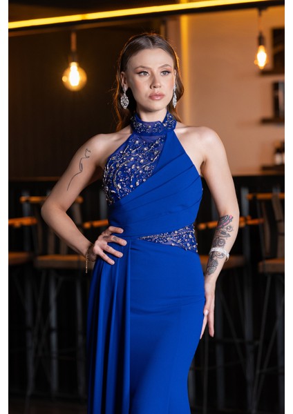 Taşlı Halter Yaka Kuyruklu Uzun Balık Abiye ABU4979