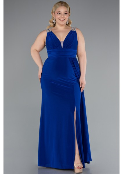 Kolsuz V Yaka Yırtmaçlı Uzun Büyük Beden Abiye ABU4968