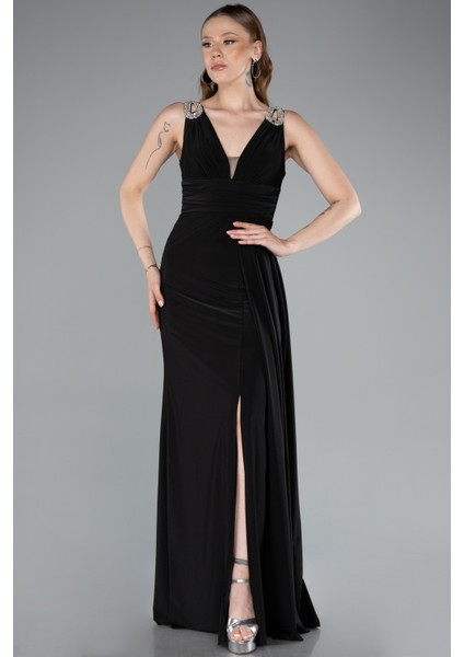 Kolsuz V Yaka Yırtmaçlı Uzun Abiye Elbise ABU4967