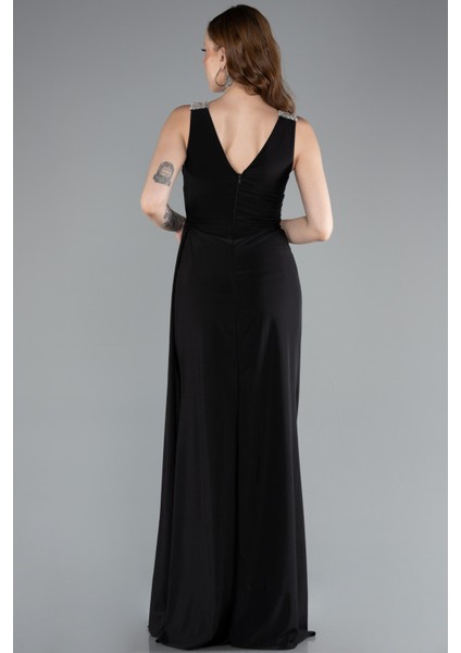 Kolsuz V Yaka Yırtmaçlı Uzun Abiye Elbise ABU4967 fiyatları