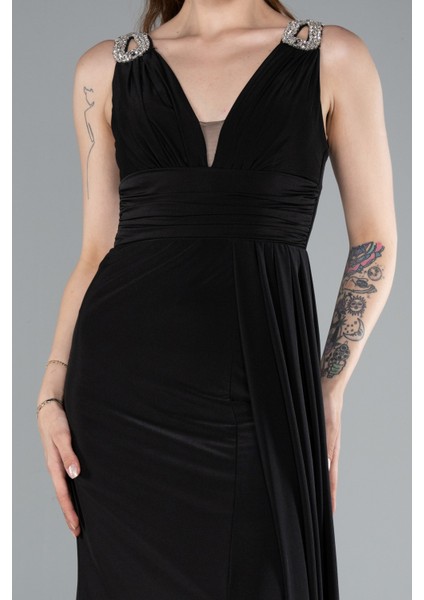 Kolsuz V Yaka Yırtmaçlı Uzun Abiye Elbise ABU4967 modelleri