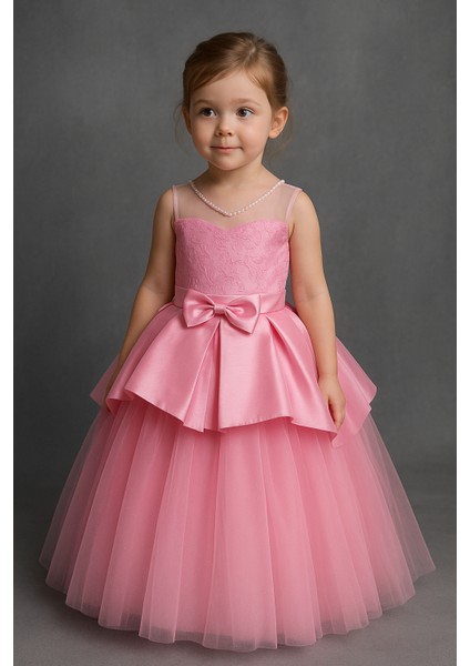 Kız Çocuk Pembe Tarlatanlı Abiye Elbise - Fiyonklu Tüllü Prenses Model