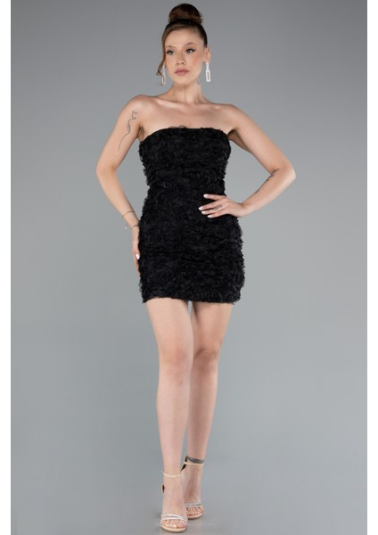 Straplez Çiçek Aplikeli Mini Davet Elbisesi ABK2359