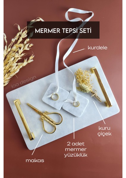 Nergis Mermer Söz Nişan Tepsi Seti Altın Kulp ile 6 Parça Şık Tasarım fiyatları