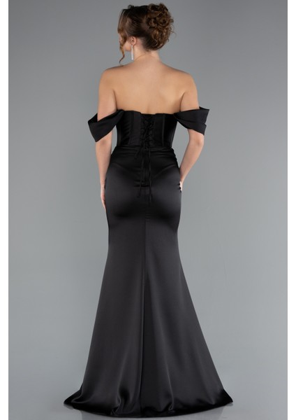 Kayık Yaka Taşlı Balen Korse Detay Uzun Saten Abiye ABU5017 fiyatları