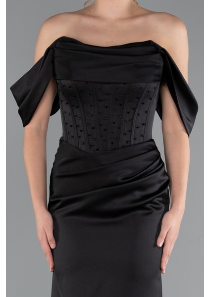 Kayık Yaka Taşlı Balen Korse Detay Uzun Saten Abiye ABU5017 modelleri