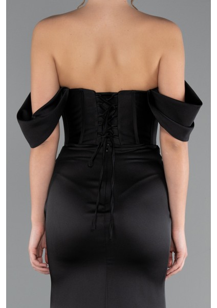 Kayık Yaka Taşlı Balen Korse Detay Uzun Saten Abiye ABU5017 fırsatları