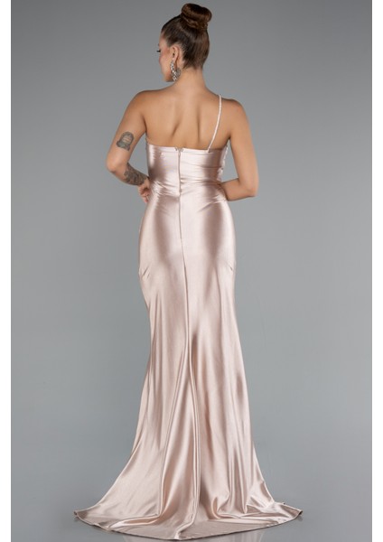 Tek Omuz Yırtmaçlı Uzun Saten Mezuniyet Elbisesi ABU5022 fiyatları