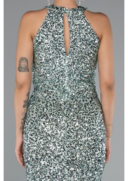 Halter Yaka Yırtmaçlı Midi Pullu Gece Elbisesi ABK2386 fırsatları