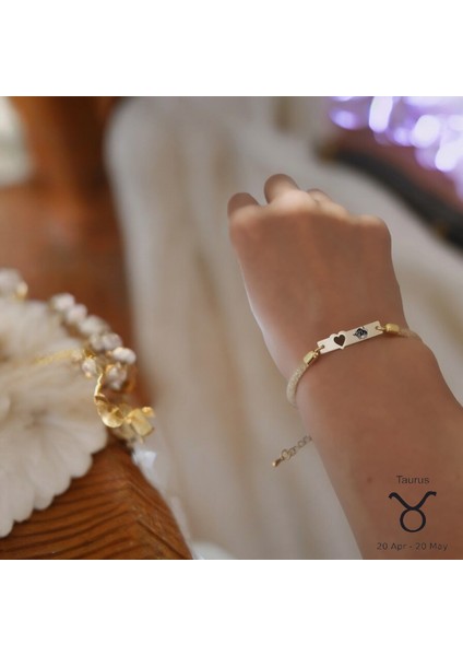 14 Ayar Altın Plakalı Boğa Burçlarına Özel Kalp Figürlü Hasır Kordonlu Hediye BILEKLIK-414BURÇ