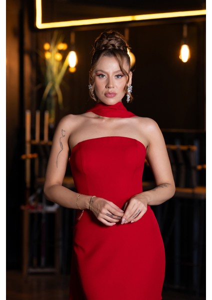 Straplez Şal Aksesuarlı Uzun Balık Abiye ABU5097