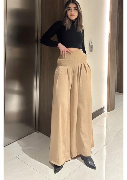 Kadın Bej Fermuar Kapamalı, Cepli, Pileli Bol Paça Etek Pantolon