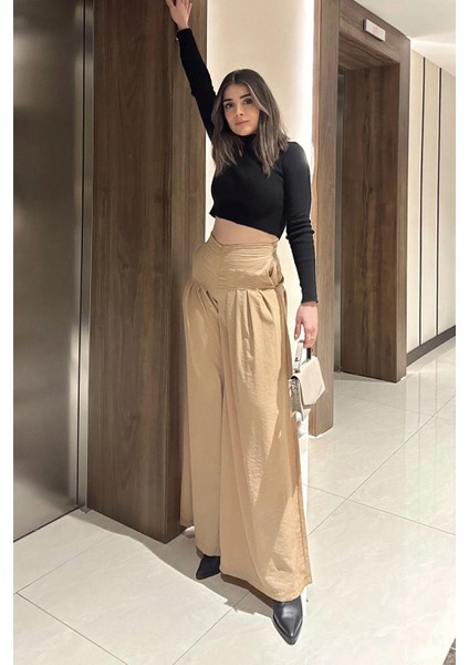 Kadın Bej Fermuar Kapamalı, Cepli, Pileli Bol Paça Etek Pantolon modelleri