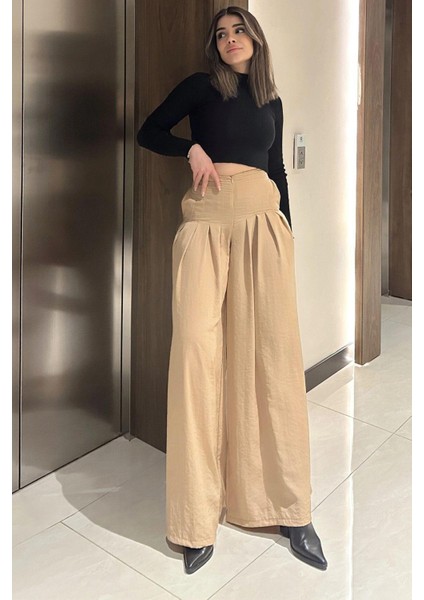Kadın Bej Fermuar Kapamalı, Cepli, Pileli Bol Paça Etek Pantolon fırsatları