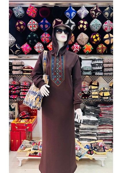 Uygur Kanaviçe Desenli Kapüşonlu Penye Kadın Tunik