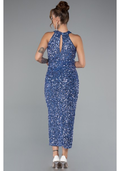 Halter Yaka Yırtmaçlı Midi Pullu Gece Elbisesi ABK2386 fiyatları