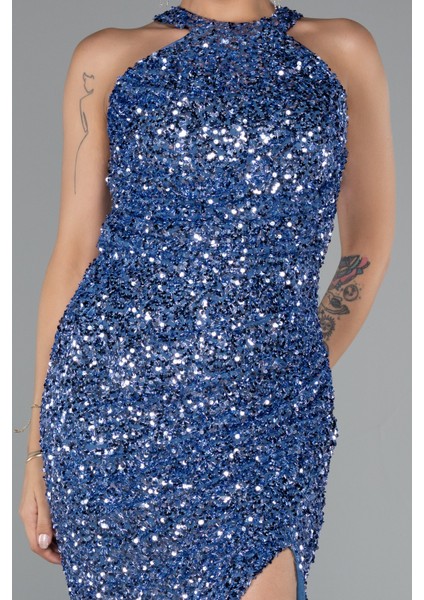 Halter Yaka Yırtmaçlı Midi Pullu Gece Elbisesi ABK2386 modelleri