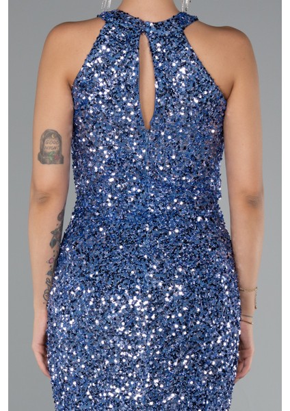 Halter Yaka Yırtmaçlı Midi Pullu Gece Elbisesi ABK2386 fırsatları