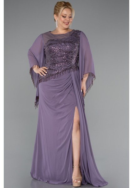 Uzun Pelerin Kol Üstü Pullu Şifon Büyük Beden Abiye ABU5093