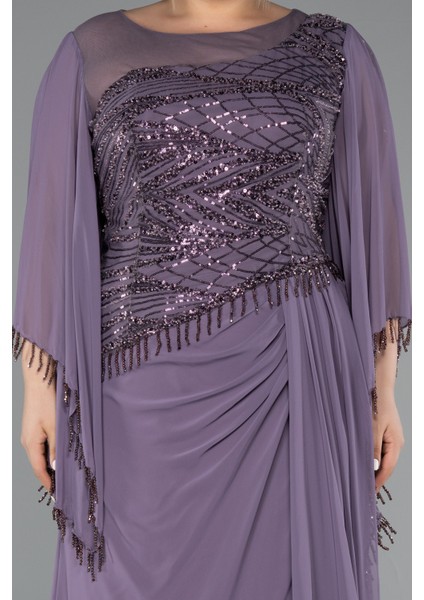 Uzun Pelerin Kol Üstü Pullu Şifon Büyük Beden Abiye ABU5093 modelleri