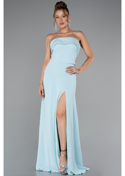 Straplez Bacak Dekolteli Uzun Şifon Abiye ABU5108