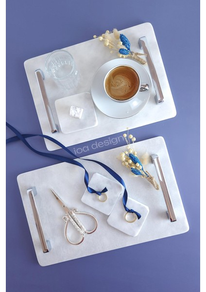 Söz / Nişan Seti No.4 - Nişan Tepsisi + Damat Kahvesi Tepsisi + Aksesuarlar - Nergis Gümüş Kulp