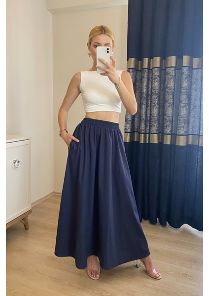 Cepli Beli Lastikli Uzun Poplin Etek