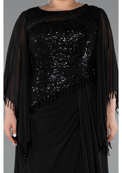 Uzun Pelerin Kol Üstü Pullu Şifon Büyük Beden Abiye ABU5093 modelleri