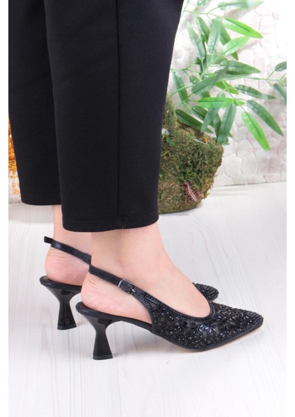 5320 Jena Dantelli Taşlı Arkası Açık Topuklu Kadın Ayakkabı fırsatları