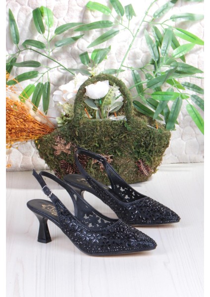 5320 Jena Dantelli Taşlı Arkası Açık Topuklu Kadın Ayakkabı indirimleri