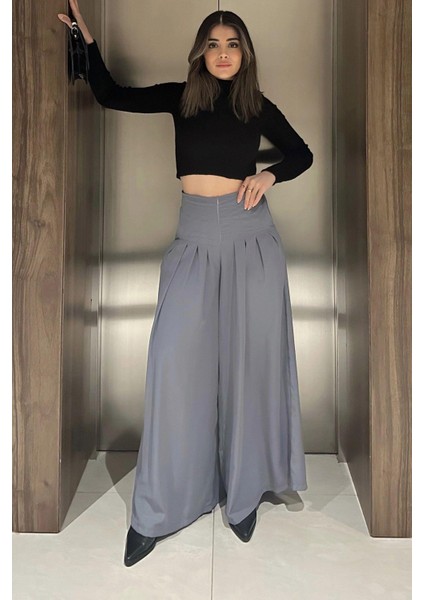 Kadın Gri Fermuar Kapamalı, Cepli, Pileli Bol Paça Etek Pantolon