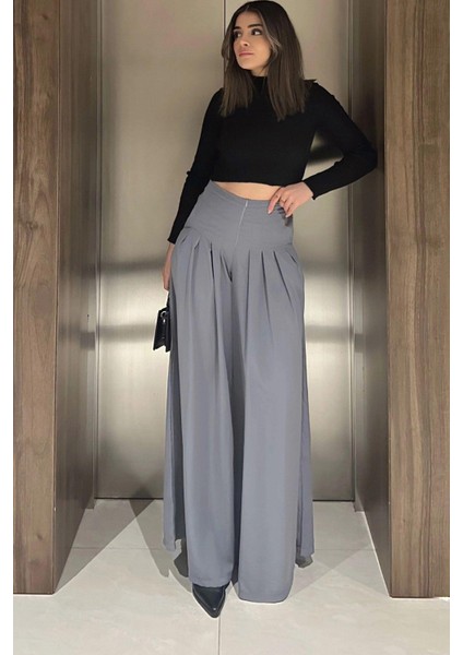 Kadın Gri Fermuar Kapamalı, Cepli, Pileli Bol Paça Etek Pantolon fiyatları