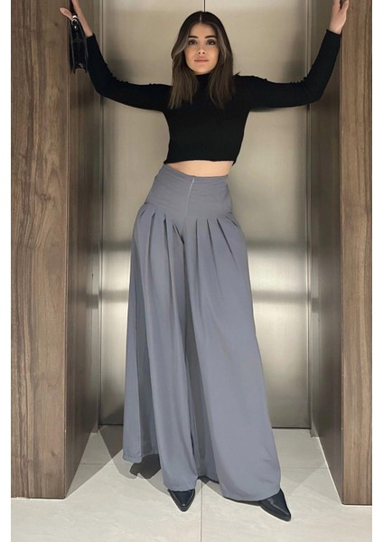 Kadın Gri Fermuar Kapamalı, Cepli, Pileli Bol Paça Etek Pantolon modelleri