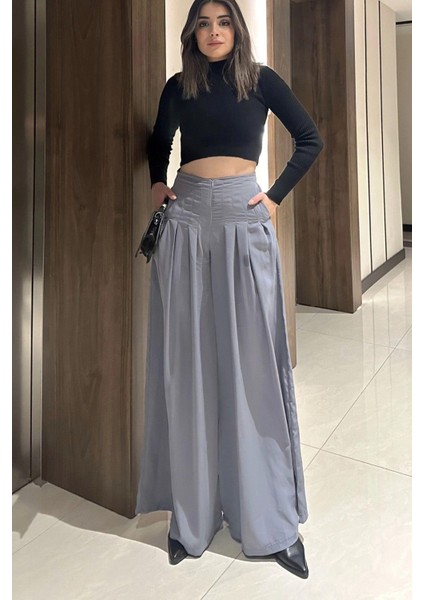Kadın Gri Fermuar Kapamalı, Cepli, Pileli Bol Paça Etek Pantolon fırsatları
