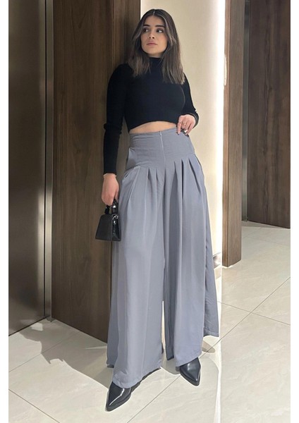 Kadın Gri Fermuar Kapamalı, Cepli, Pileli Bol Paça Etek Pantolon indirimleri