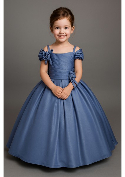 Kız Çocuk Tarlatanlı Mavi Abiye Elbise - Çiçek Aksesuarlı Simli Prenses Model modelleri