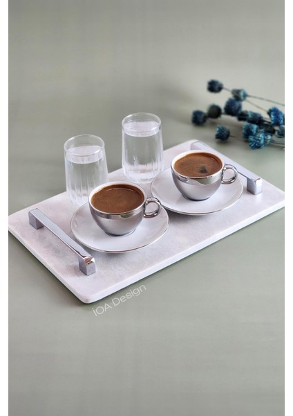 Nergis Model Gerçek Mermer Sunum Tepsisi - Gümüş Kulp