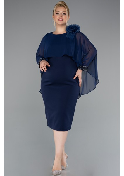 Kapri Kol Midi Şifon Büyük Beden Davet Elbisesi ABK2383