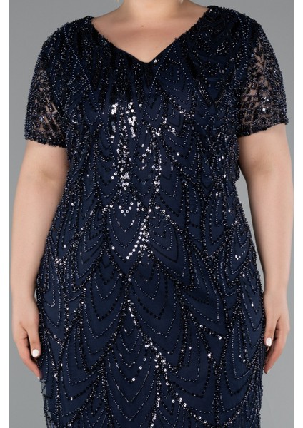 Kısa Kol V Yaka Taşlı Büyük Beden Davet Elbisesi ABK2380 modelleri