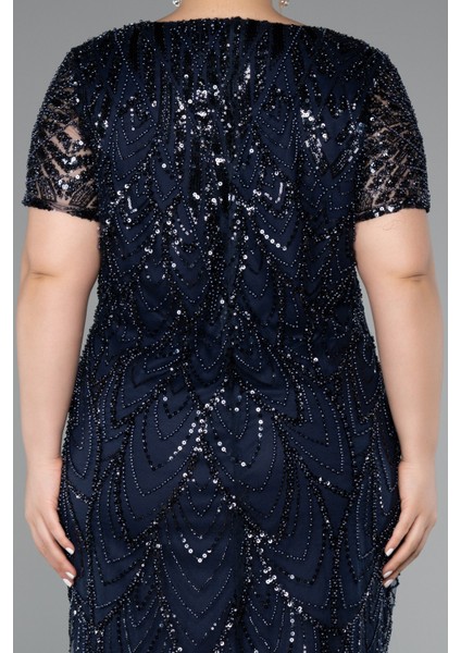 Kısa Kol V Yaka Taşlı Büyük Beden Davet Elbisesi ABK2380 fırsatları