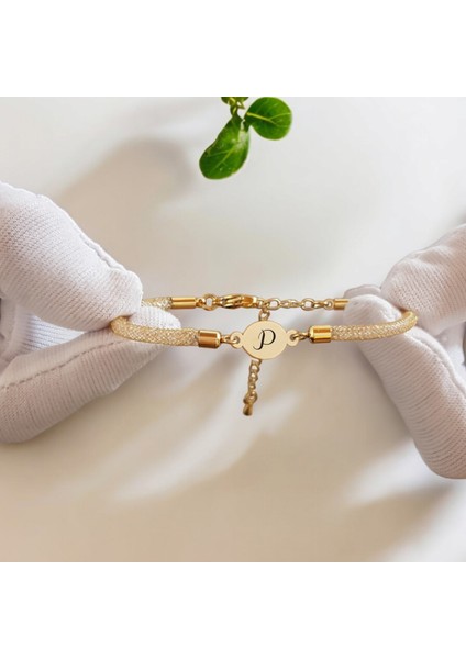 14 Ayar Altın Plakalı P Harfine Özel Oval Motifli Hasır Kordonlu Hediye BILEKLIK-415HARF