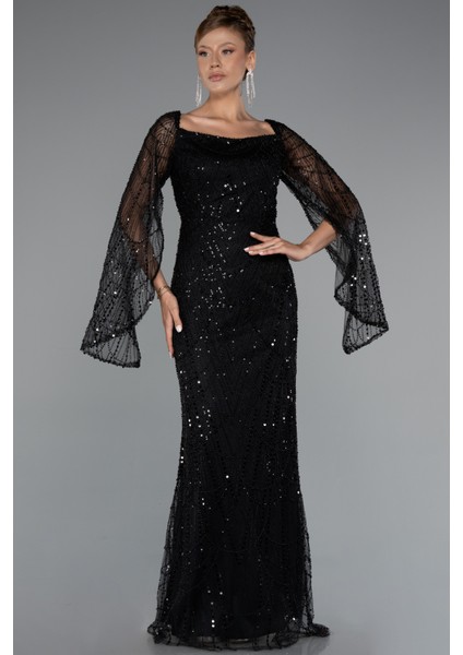 Uzun Kol Boncuklu Abiye Elbise ABU5066