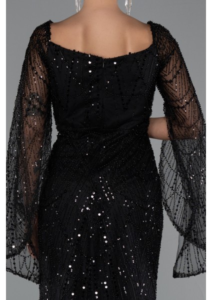 Uzun Kol Boncuklu Abiye Elbise ABU5066 fırsatları