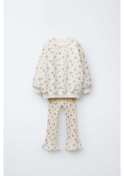 Kız Çocuk Pamuklu Ekru Çiçek Desenli Sweatshirt Ispanyol Paça Tayt Takım fiyatları