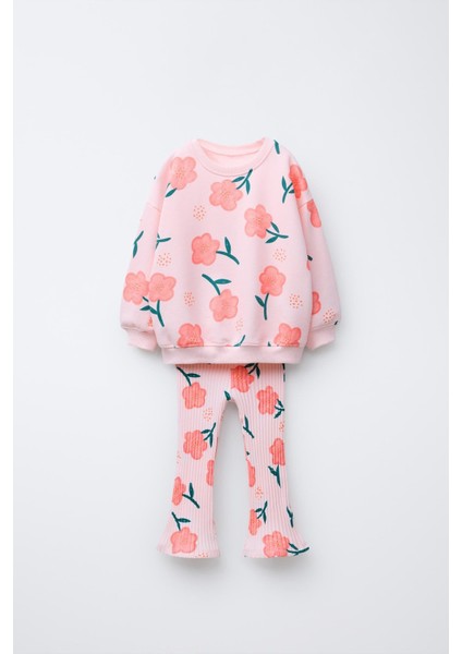 Kız Çocuk Pamuklu Pembe Çiçek Desenli Sweatshirt Ispanyol Paça Tayt Takım