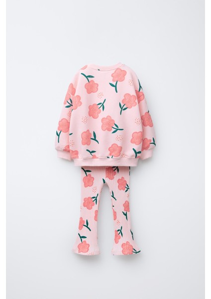 Kız Çocuk Pamuklu Pembe Çiçek Desenli Sweatshirt Ispanyol Paça Tayt Takım fiyatları