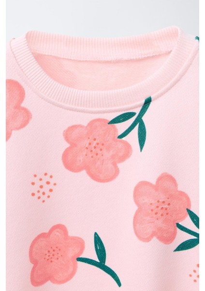 Kız Çocuk Pamuklu Pembe Çiçek Desenli Sweatshirt Ispanyol Paça Tayt Takım modelleri