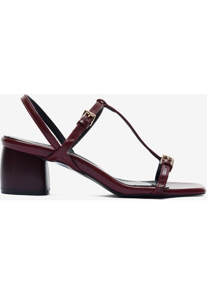 Bordo Rugan Ince Bantlı Kadın Kalın Topuklu Ayakkabı