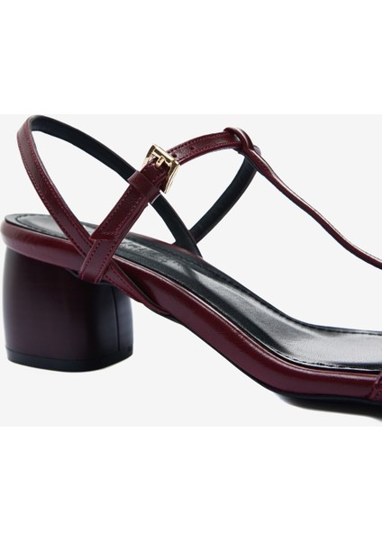 Bordo Rugan Ince Bantlı Kadın Kalın Topuklu Ayakkabı indirimleri
