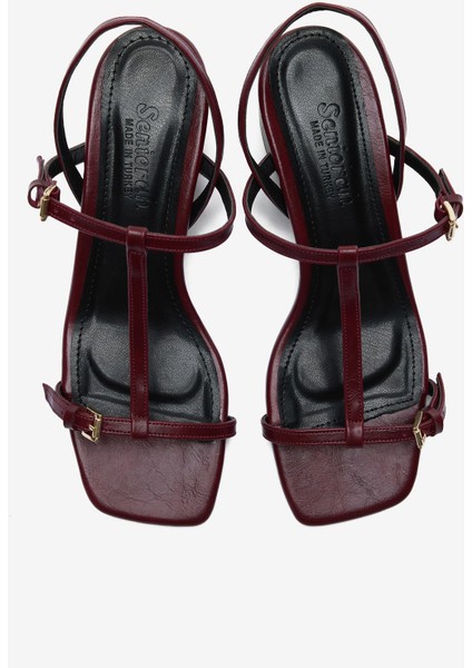 Bordo Rugan Ince Bantlı Kadın Kalın Topuklu Ayakkabı